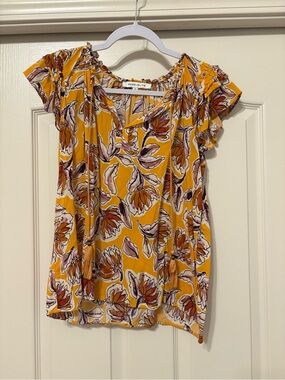 Rose & Olive Yellow Floral Tie-Neck Short Sleeve Blouse
